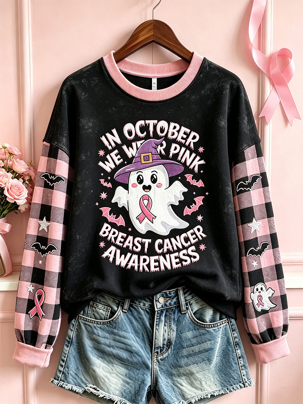 Frauen Brustkrebs Thema Halloween niedliche Boo Elemente Muster gedruckt lässig Sweatshirt