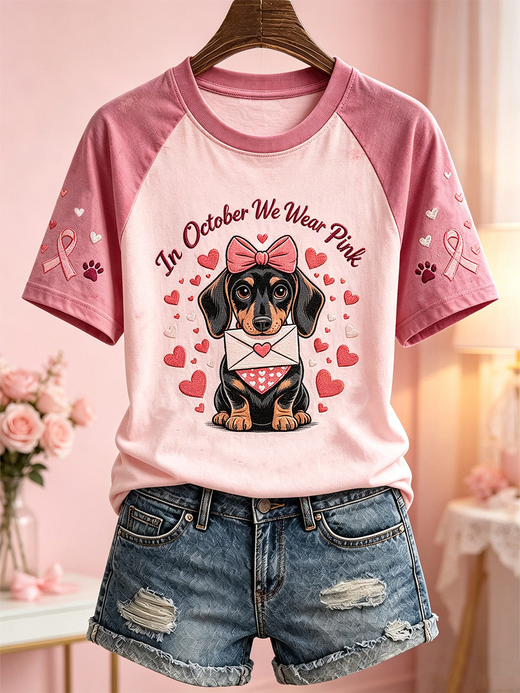 Frauen Brustkrebs Thema niedliches Hunde muster gedruckt lässig Kurzarm T-Shirt