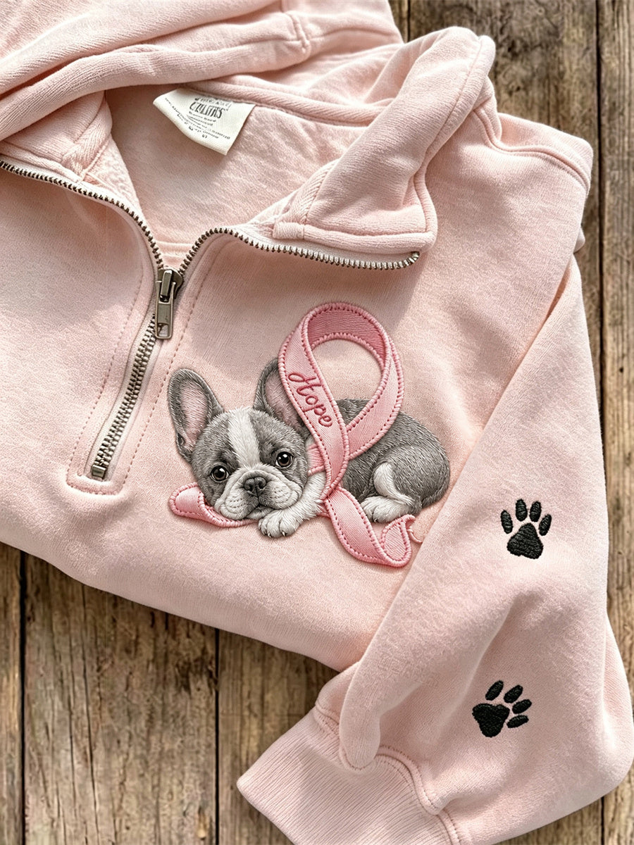 Damen Hope Pink Ribbon Französische Bulldogge & Pfote Drucke mit Reiß verschluss Sweatshirt