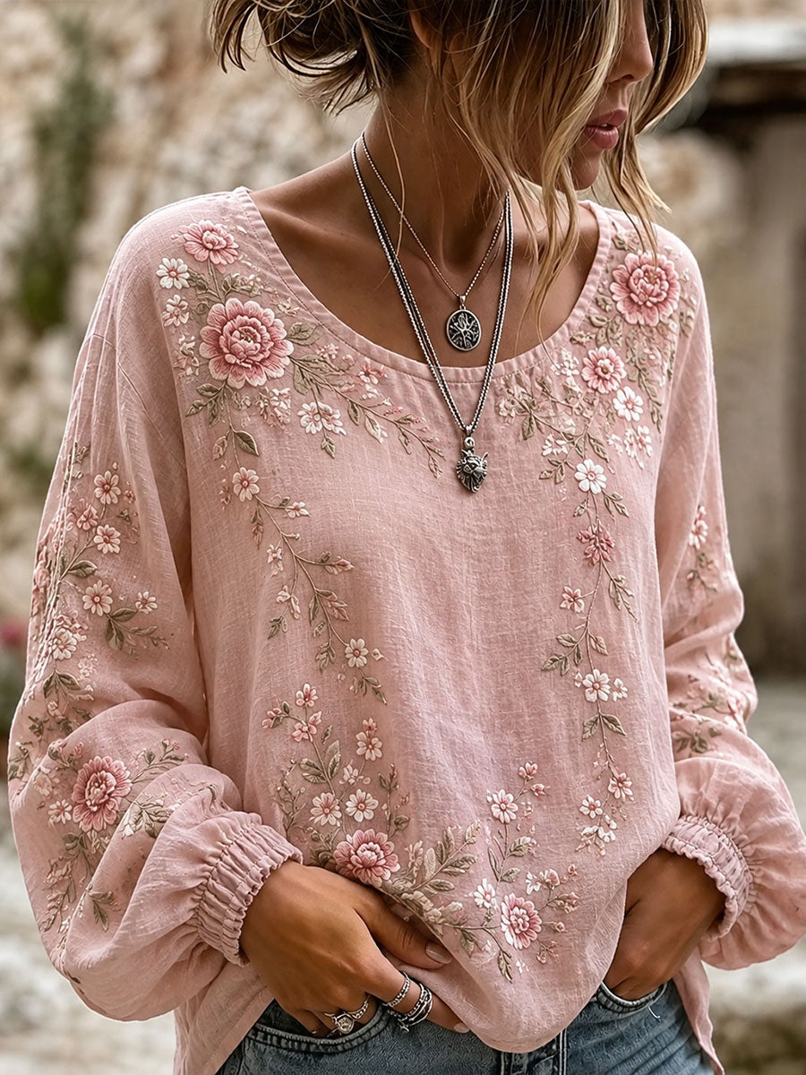 Damen-Bluse aus Baumwolle und Leinen mit Blumenmuster