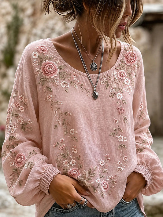 Damen-Bluse aus Baumwolle und Leinen mit Blumenmuster