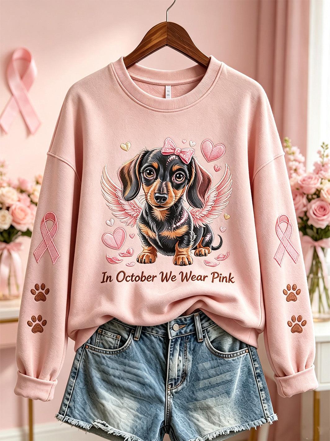 Frauen Brustkrebs Thema niedliches Hunde muster bedrucktes lässiges Sweatshirt