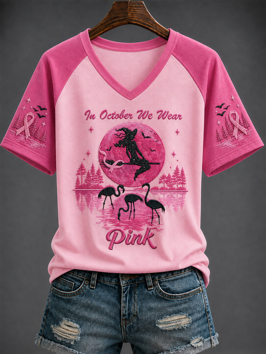 Frauen brustkrebs "IM OKTOBER TRAGEN WIR Pink" Bedrucktes T-Shirt mit V-Ausschnitt