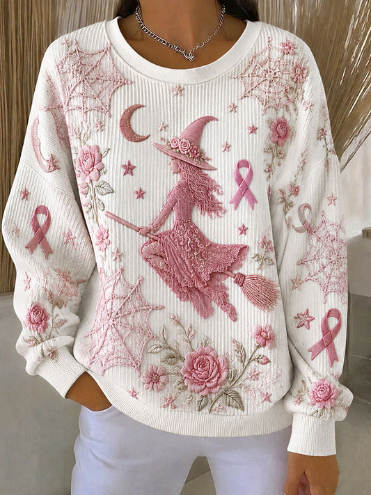 Frauen-Brust-Krebs-Bewusstsein-Hexe geripptes Rundhals-Sweatshirt