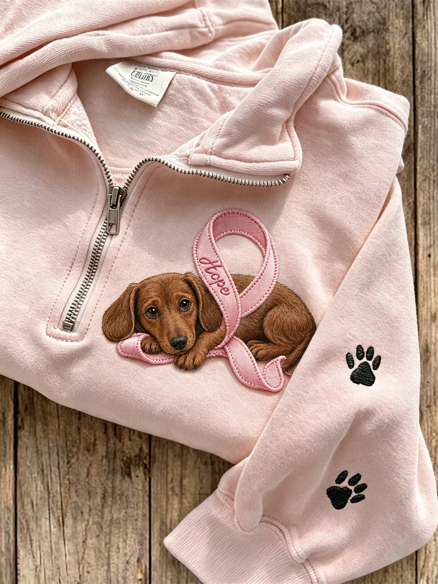 Damen Hope Pink Ribbon Dackel Hund & Pfote Drucke mit Reiß verschluss Sweatshirt