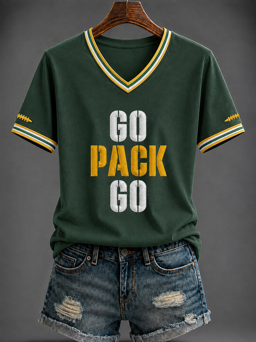 Damen-T-Shirt mit V-Ausschnitt und Football-Print