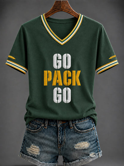 Damen-T-Shirt mit V-Ausschnitt und Football-Print