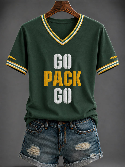 Damen-T-Shirt mit V-Ausschnitt und Football-Print