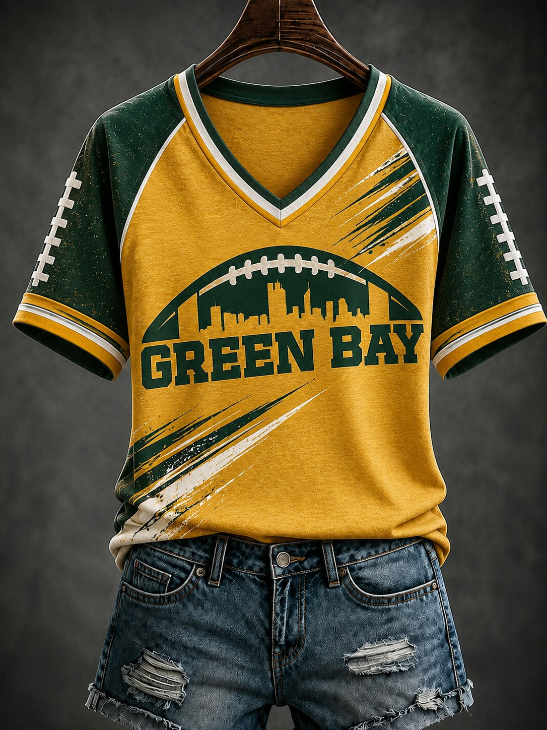 Damen-T-Shirt mit V-Ausschnitt und Green-Bay-Football-Print in Grün