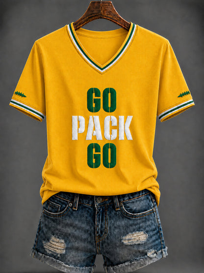 Damen-T-Shirt mit V-Ausschnitt und Football-Print