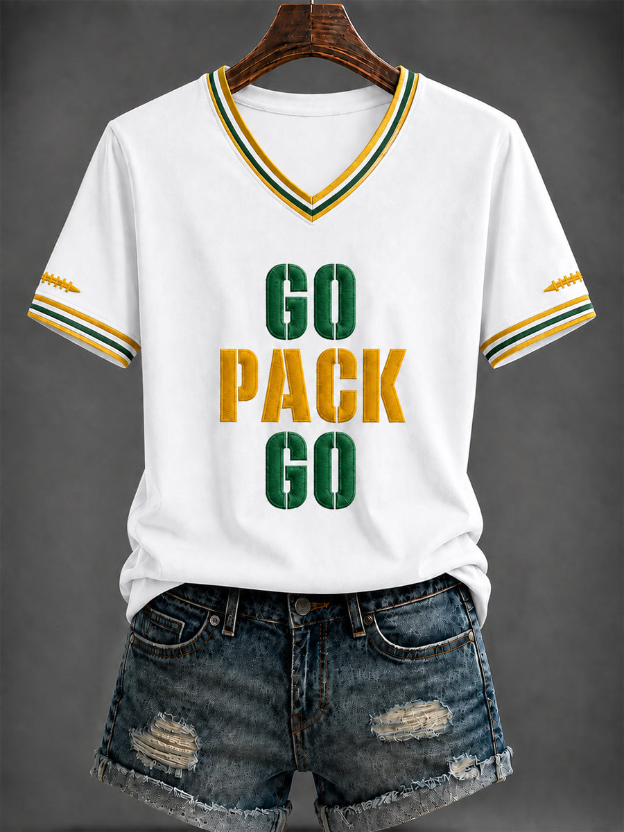 Damen-T-Shirt mit V-Ausschnitt und Football-Print