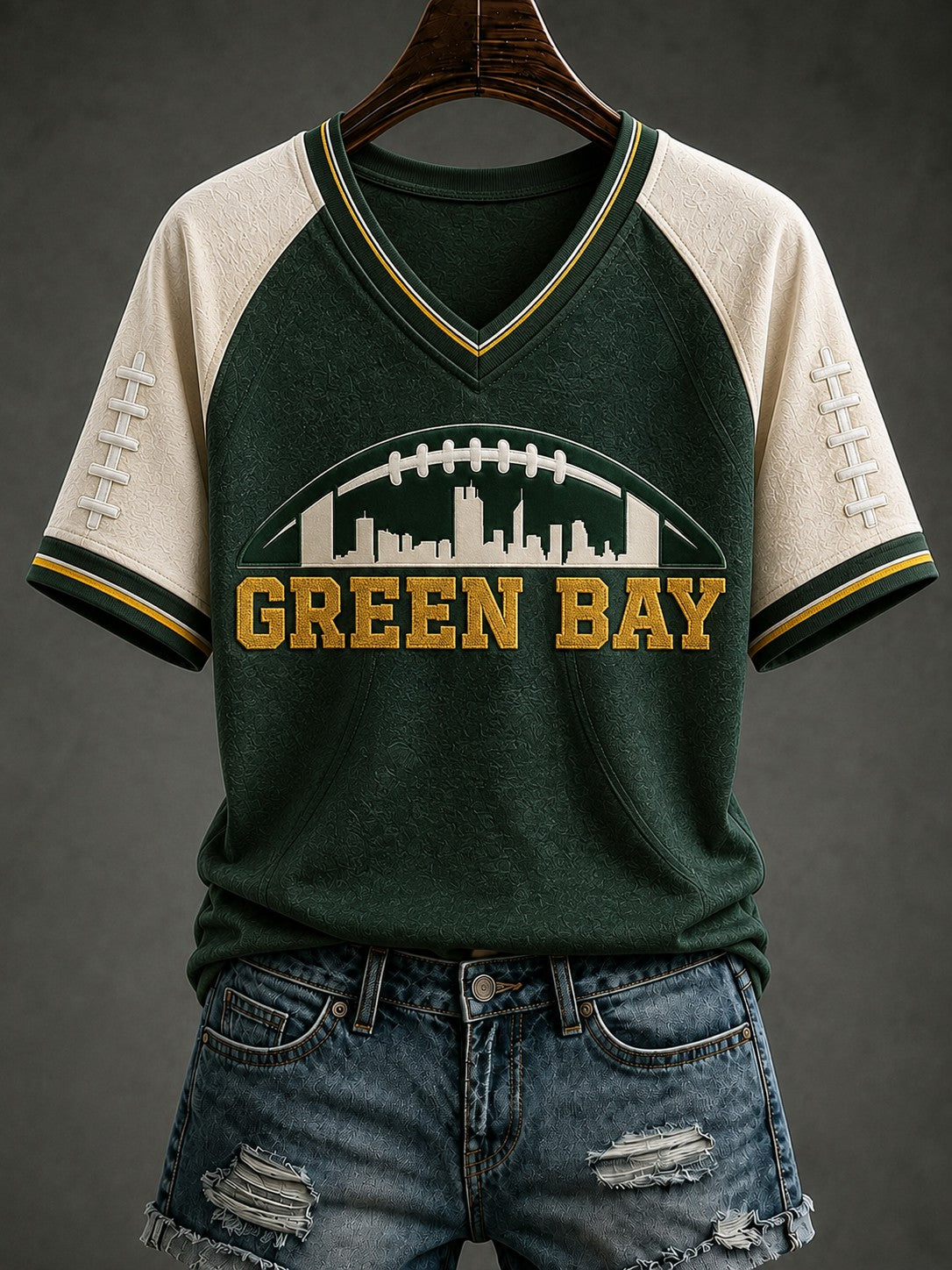 Damen-T-Shirt mit V-Ausschnitt und Green-Bay-Football-Print in Grün