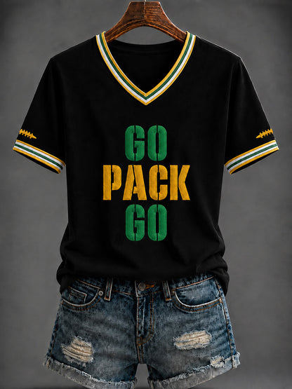 Damen-T-Shirt mit V-Ausschnitt und Football-Print