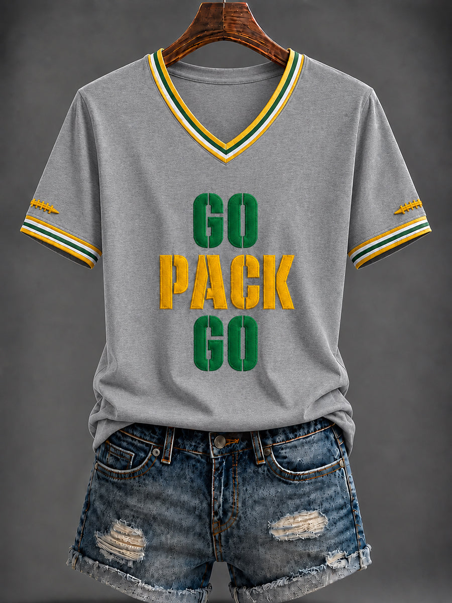 Damen-T-Shirt mit V-Ausschnitt und Football-Print