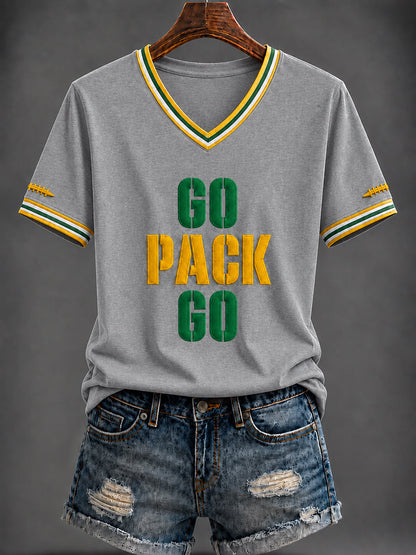 Damen-T-Shirt mit V-Ausschnitt und Football-Print