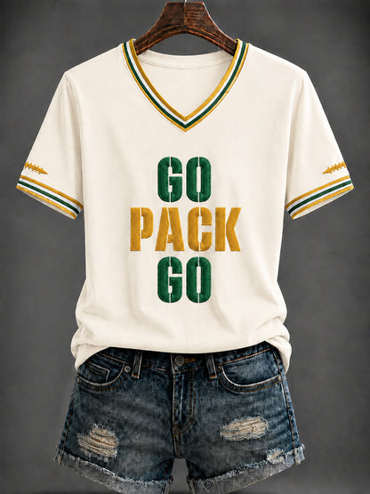 Damen-T-Shirt mit V-Ausschnitt und Football-Print