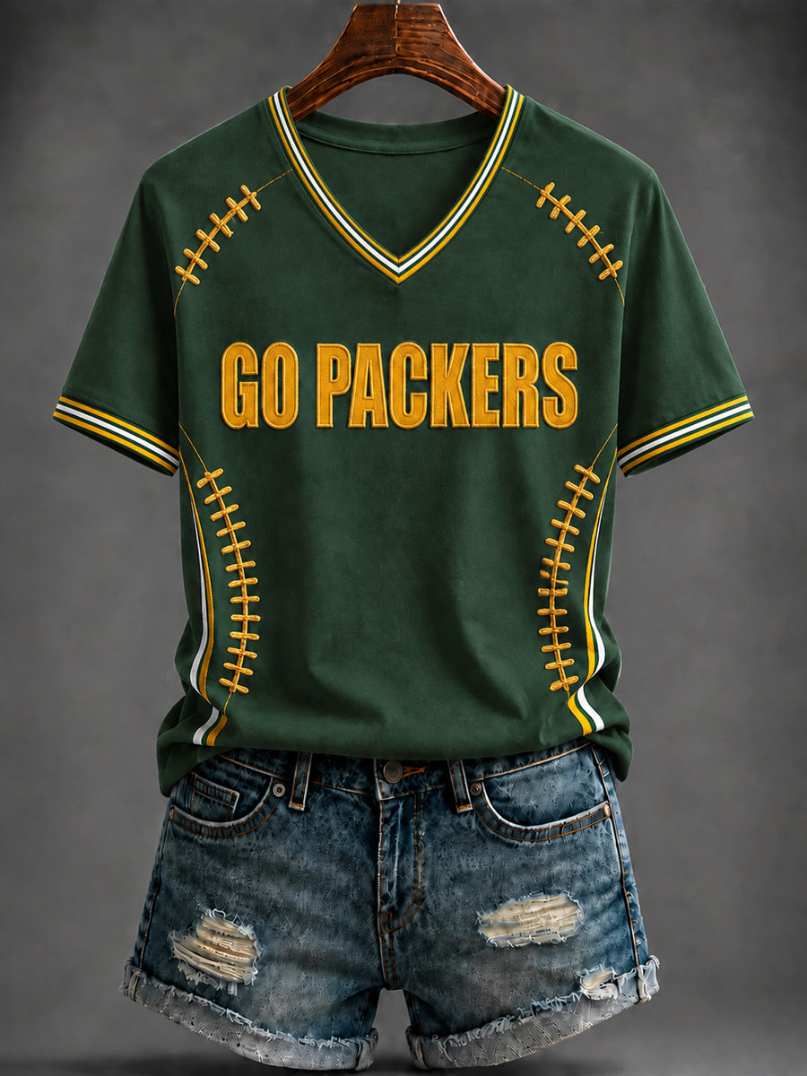 Damen-T-Shirt mit V-Ausschnitt und Football-Print