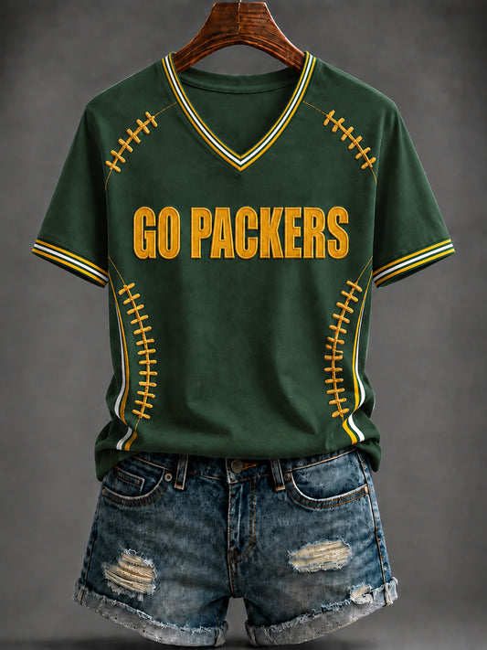 Damen-T-Shirt mit V-Ausschnitt und Football-Print