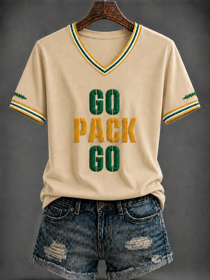 Damen-T-Shirt mit V-Ausschnitt und Football-Print