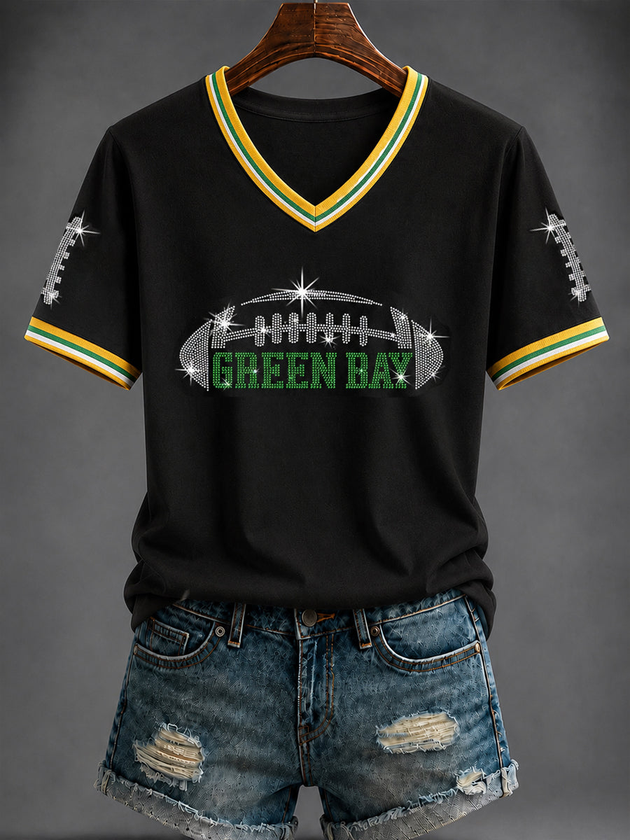 Damen-T-Shirt mit V-Ausschnitt und Football-Print