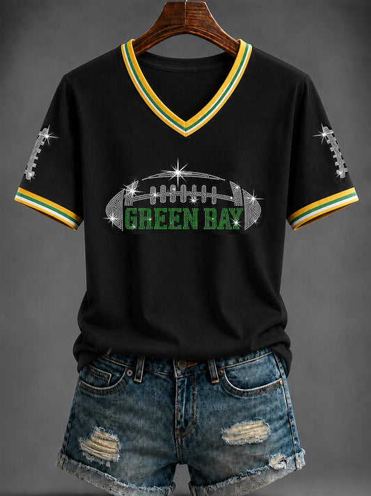 Damen-T-Shirt mit V-Ausschnitt und Football-Print
