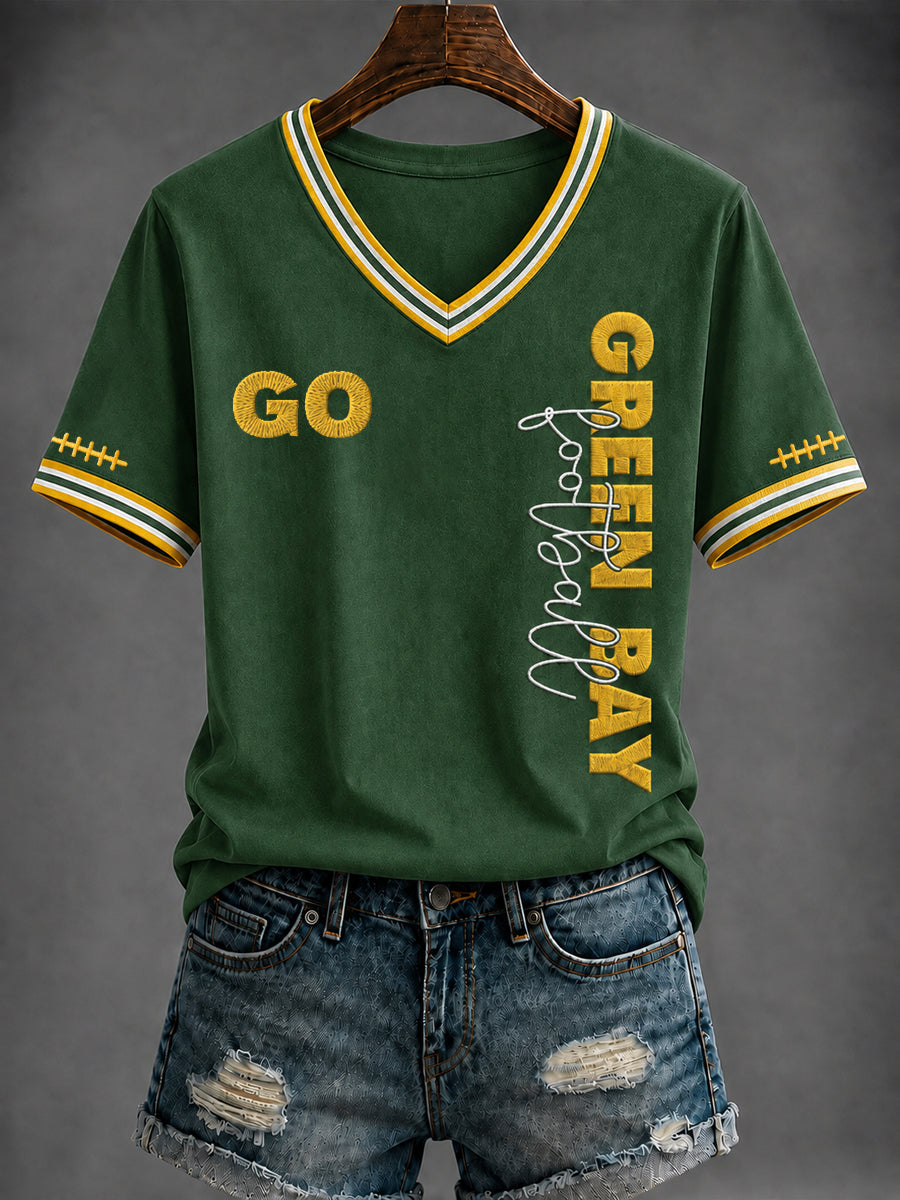 Damen-T-Shirt mit V-Ausschnitt und Football-Print