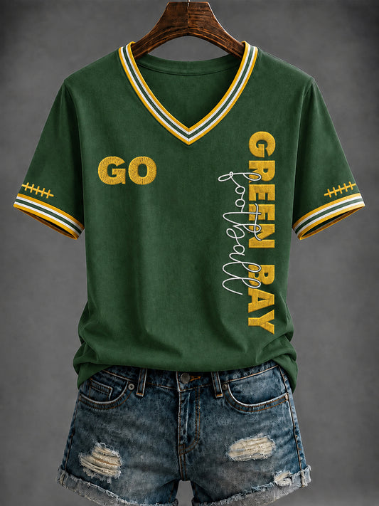 Damen-T-Shirt mit V-Ausschnitt und Football-Print