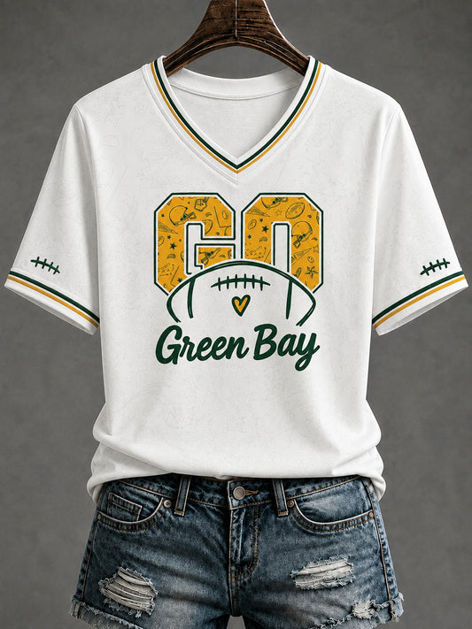 Damen-T-Shirt mit V-Ausschnitt und Green-Bay-Football-Print in Grün