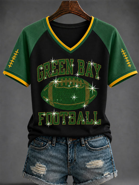 Damen-T-Shirt mit V-Ausschnitt und Football-Print
