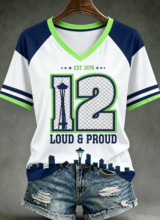 Frauen Seattle Rugby gedruckt Vintage Mode Lose Kurzarm T-Shirt