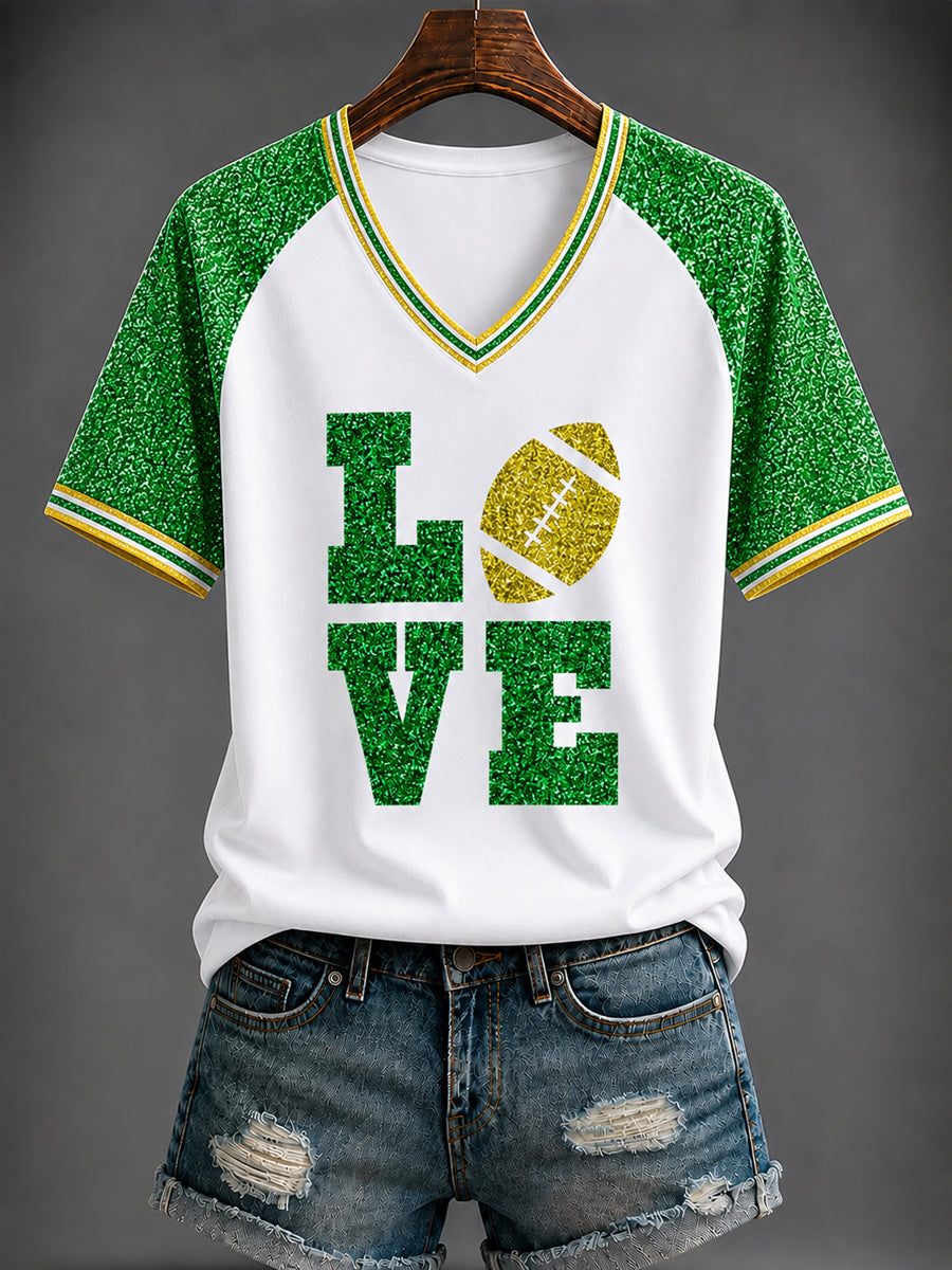 Damen-T-Shirt mit V-Ausschnitt und Football-Print
