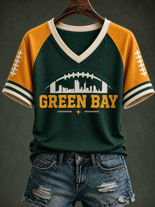 Damen Green Bay Fußball Bedrucktes T-Shirt mit V-Ausschnitt