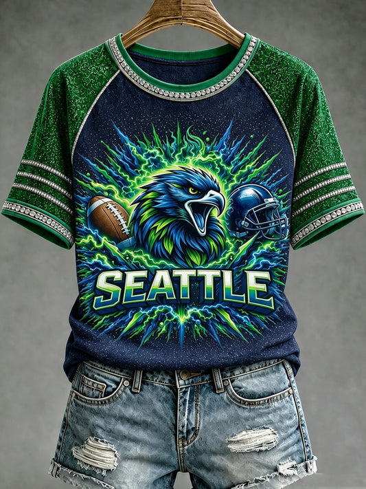 Frauen Seattle Fußball gedruckt Vintage Mode Lose Kurzarm T-Shirt