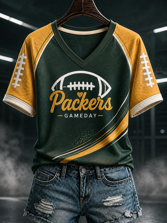 Damen-T-Shirt mit V-Ausschnitt und Green-Bay-Football-Print in Grün