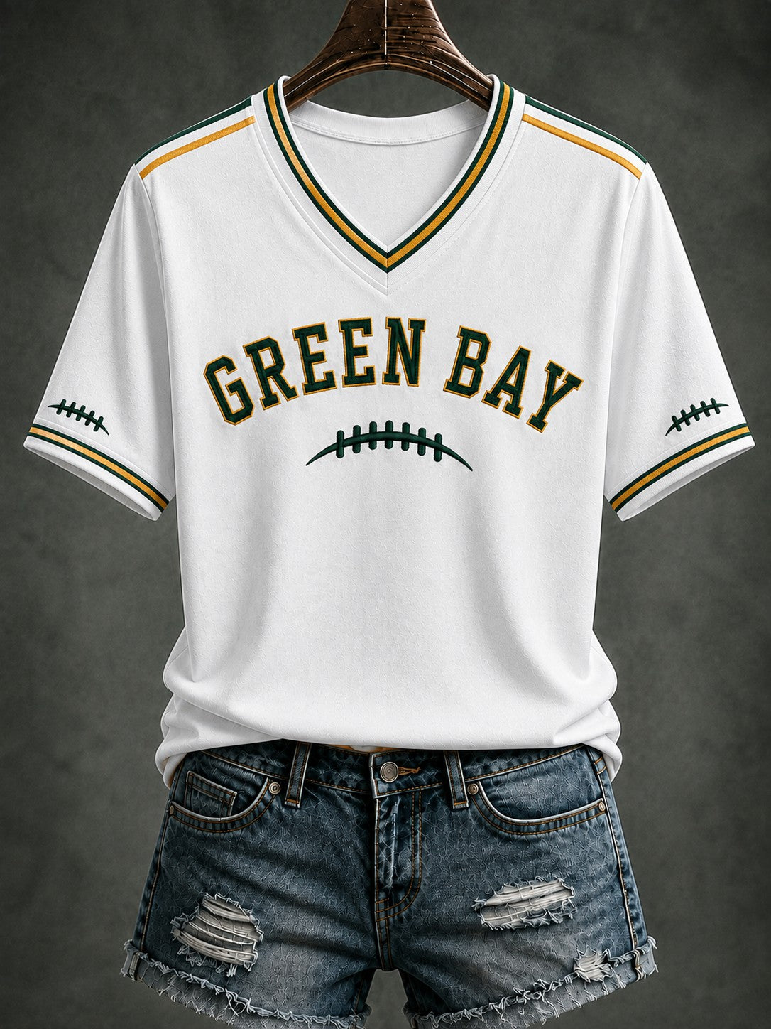 Damen-T-Shirt mit V-Ausschnitt und Green-Bay-Football-Print in Grün