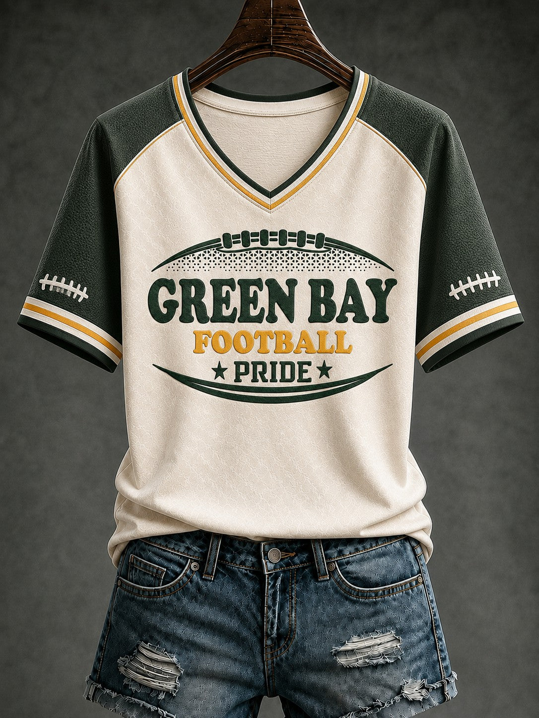 Damen-T-Shirt mit V-Ausschnitt und Green-Bay-Football-Print in Grün