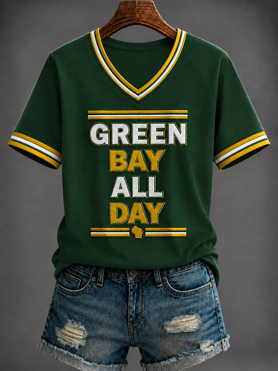 Damen-T-Shirt mit V-Ausschnitt und Football-Print