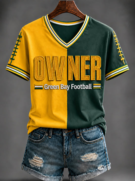Damen-T-Shirt mit V-Ausschnitt und Football-Print