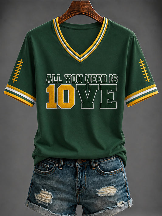 Damen-T-Shirt mit V-Ausschnitt und Football-Print