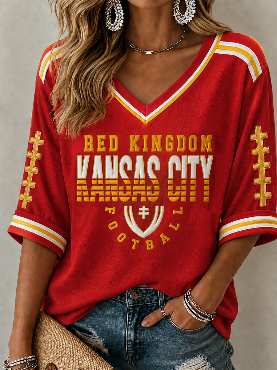 Fußball-Spieltagsgeschenk für Fußballfans – T-Shirt mit mittellangen Ärmeln und V-Ausschnitt
