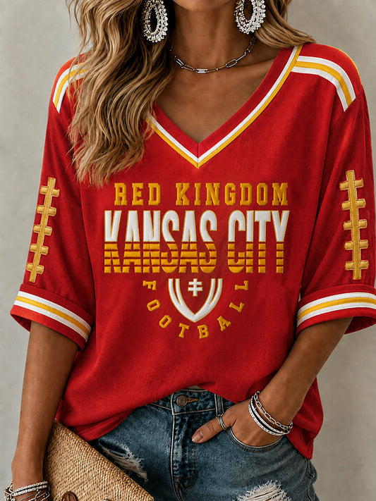Fußball-Spieltagsgeschenk für Fußballfans – T-Shirt mit mittellangen Ärmeln und V-Ausschnitt