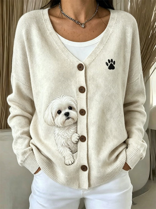 Frauen Peeking Malteser Hund & Pfote Print Gemütliche Strickjacke
