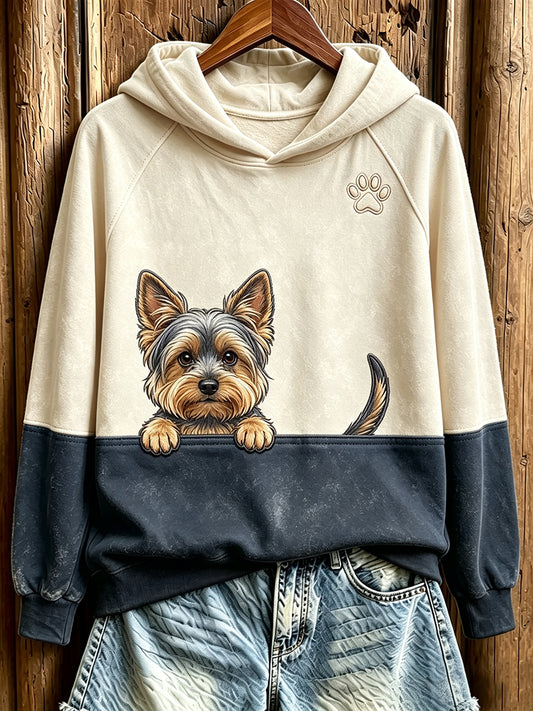 Damen Peeking Yorkshire Terrier & Paw Print Kontrast farbe Gemütliches Sweatshirt
