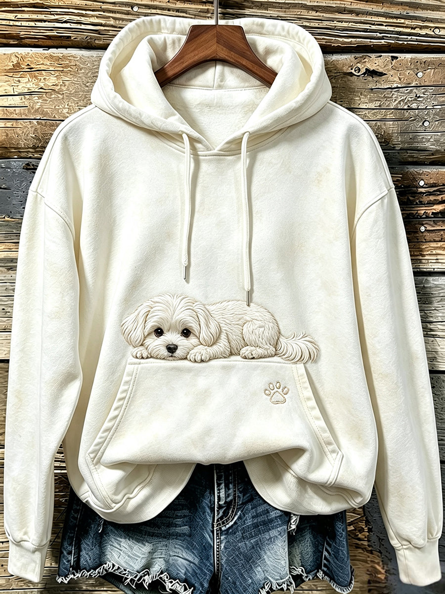 Kuscheliger Damen-Hoodie mit niedlichem, hervorlugendem Malteserhund und Pfoten-Print