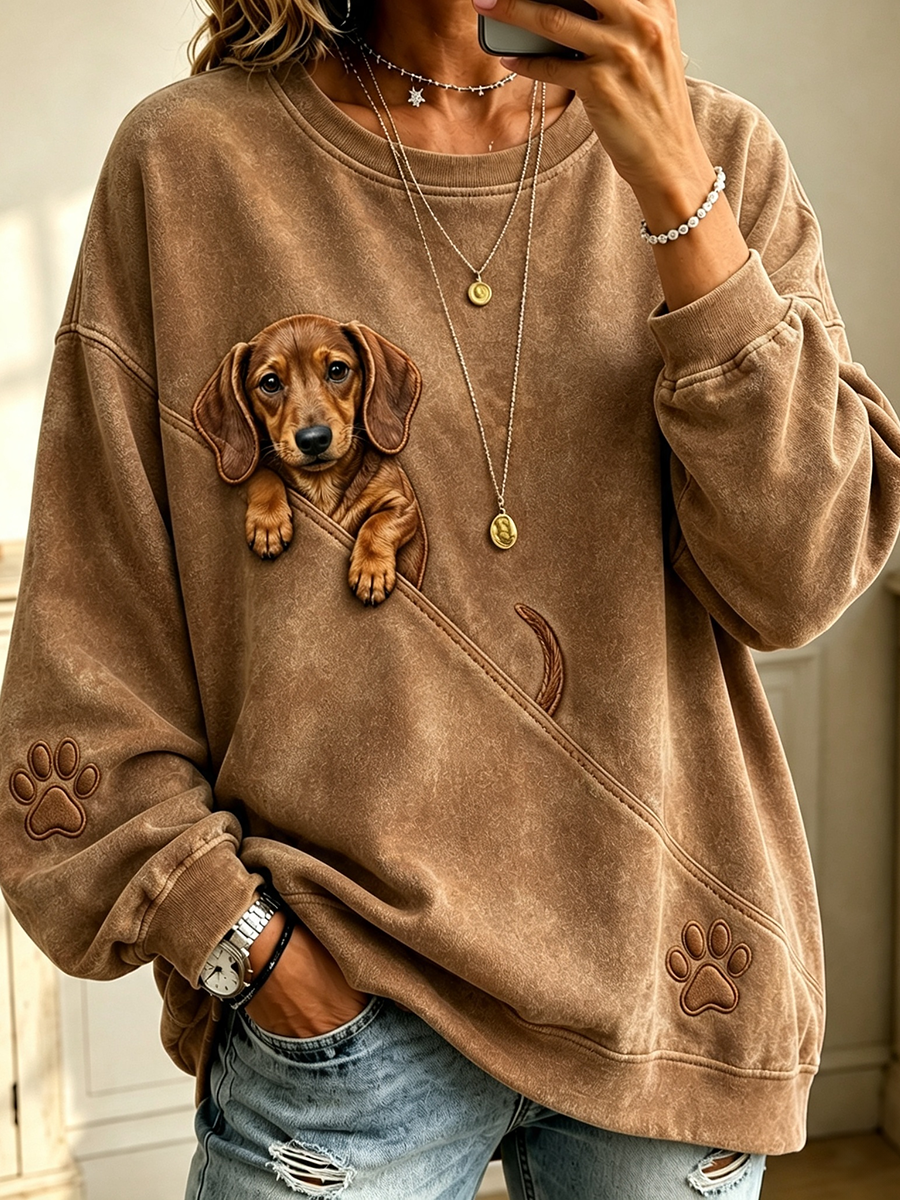 Damen niedliches Peeking Dackel & Pfote bedrucktes lässiges Sweatshirt