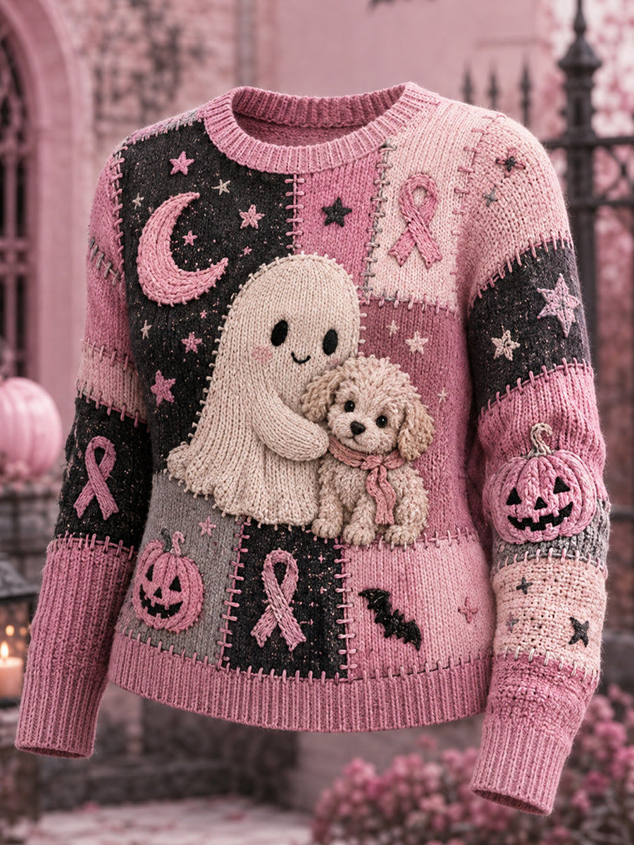 Damen-Halloween-Pullover in Pink mit Geister- und Hundemotiv sowie rosa Schleifenmuster zur Unterstützung der Brustkrebsaufklärung