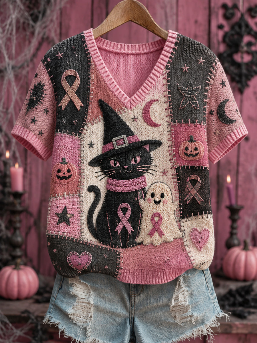 Damen-Halloween-Top mit rosa Geist und Katze, pinker Schleifen-Print zur Brustkrebsaufklärung, V-Ausschnitt