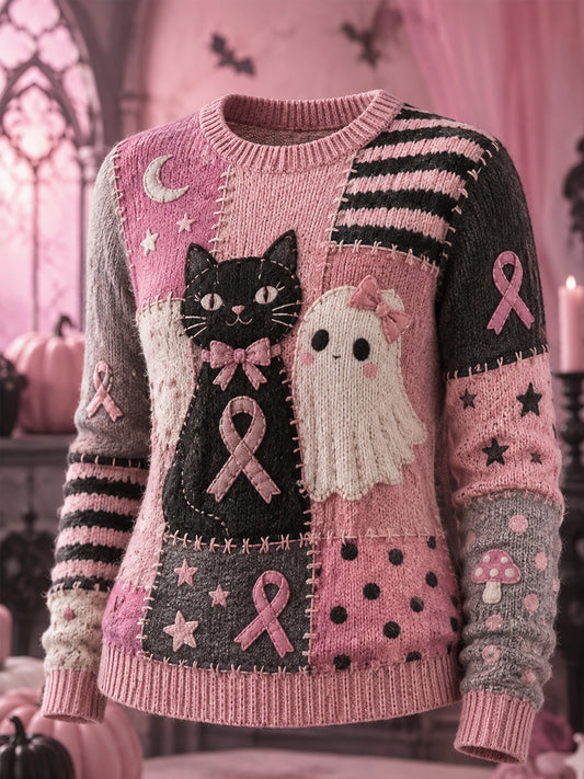 Damen-Halloween-Pullover in Pink mit Geister- und Katzenmotiv sowie pinker Schleifen-Print zur Unterstützung der Brustkrebsaufklärung
