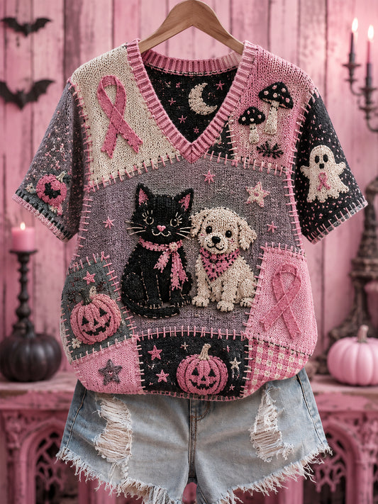 Damen-Halloween-Top mit V-Ausschnitt, pinker Schleifenprint in Rosa zu Ehren von Hunden und Katzen, zur Unterstützung der Brustkrebsaufklärung