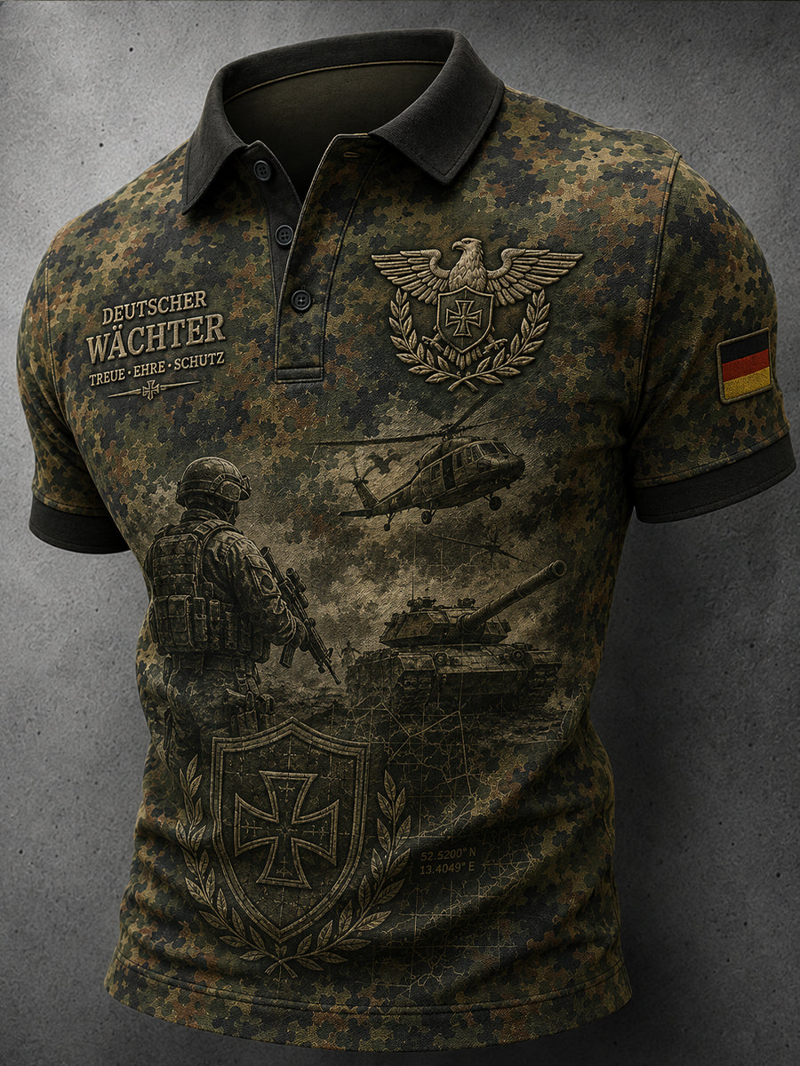 Herren-Poloshirt mit kurzen Ärmeln und militärischem Gedenkdruck